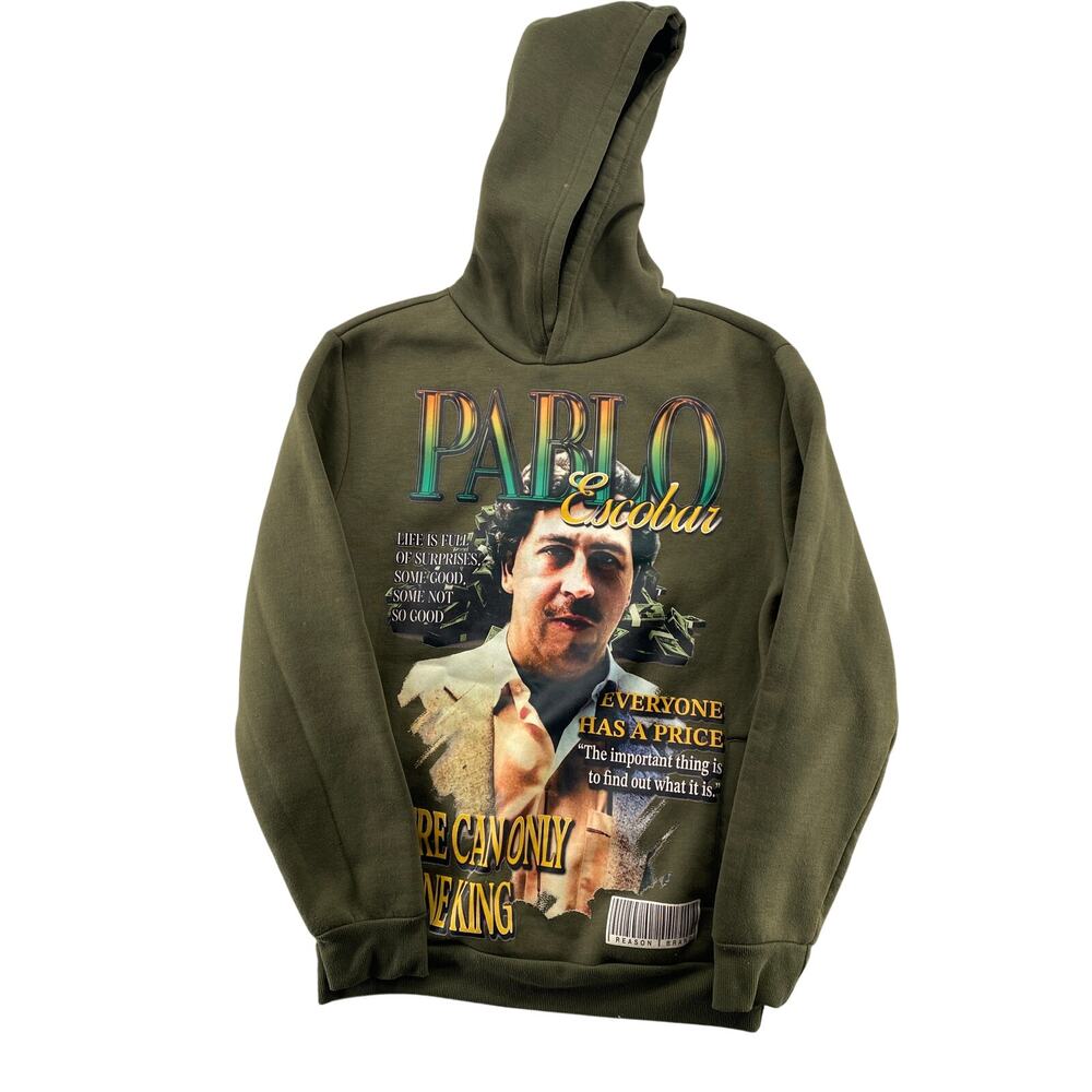 Pablo Escobar Graphic Hoodie Olive Green Streetwear Mens Medium Reason